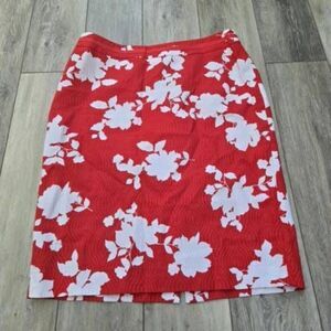 Talbots red white floral knee length business pencil skirt size 8 100% cotton